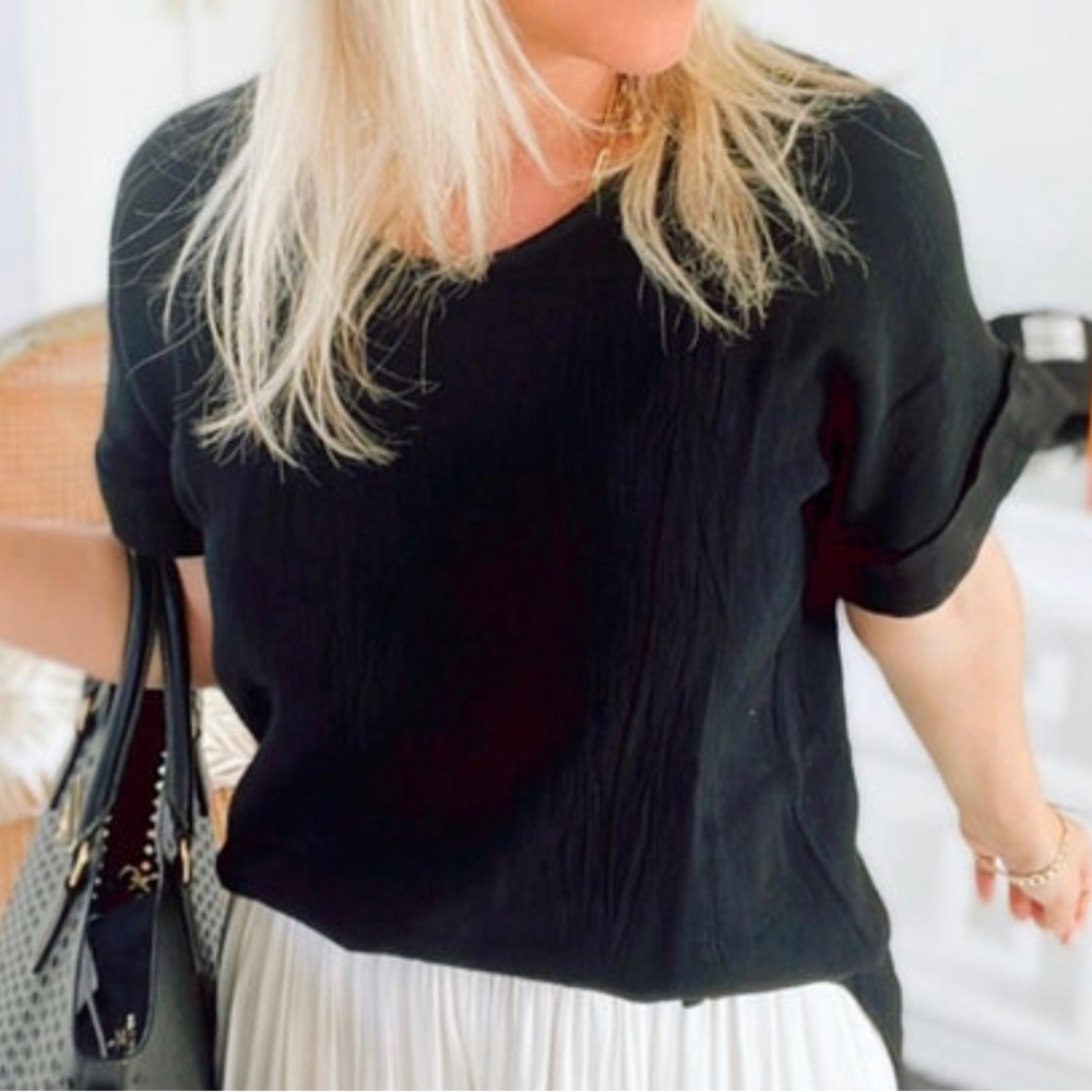 New Black Italian Linen Top, Size L